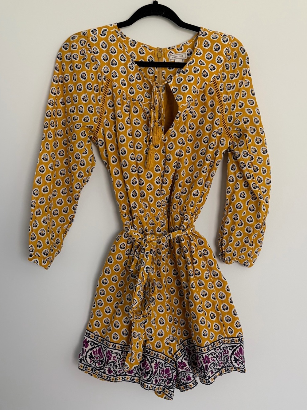 J.crew Point Sur Romper Size 4 Mustard Floral Boho Tassel Belt Cotton Cottage